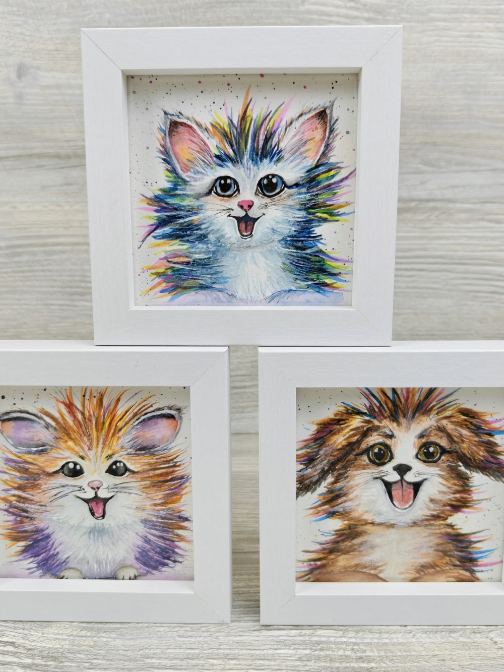 Original Watercolor Animal Paintings Set of 3, Cat, Dog, Hedgehog/ Hamster Art